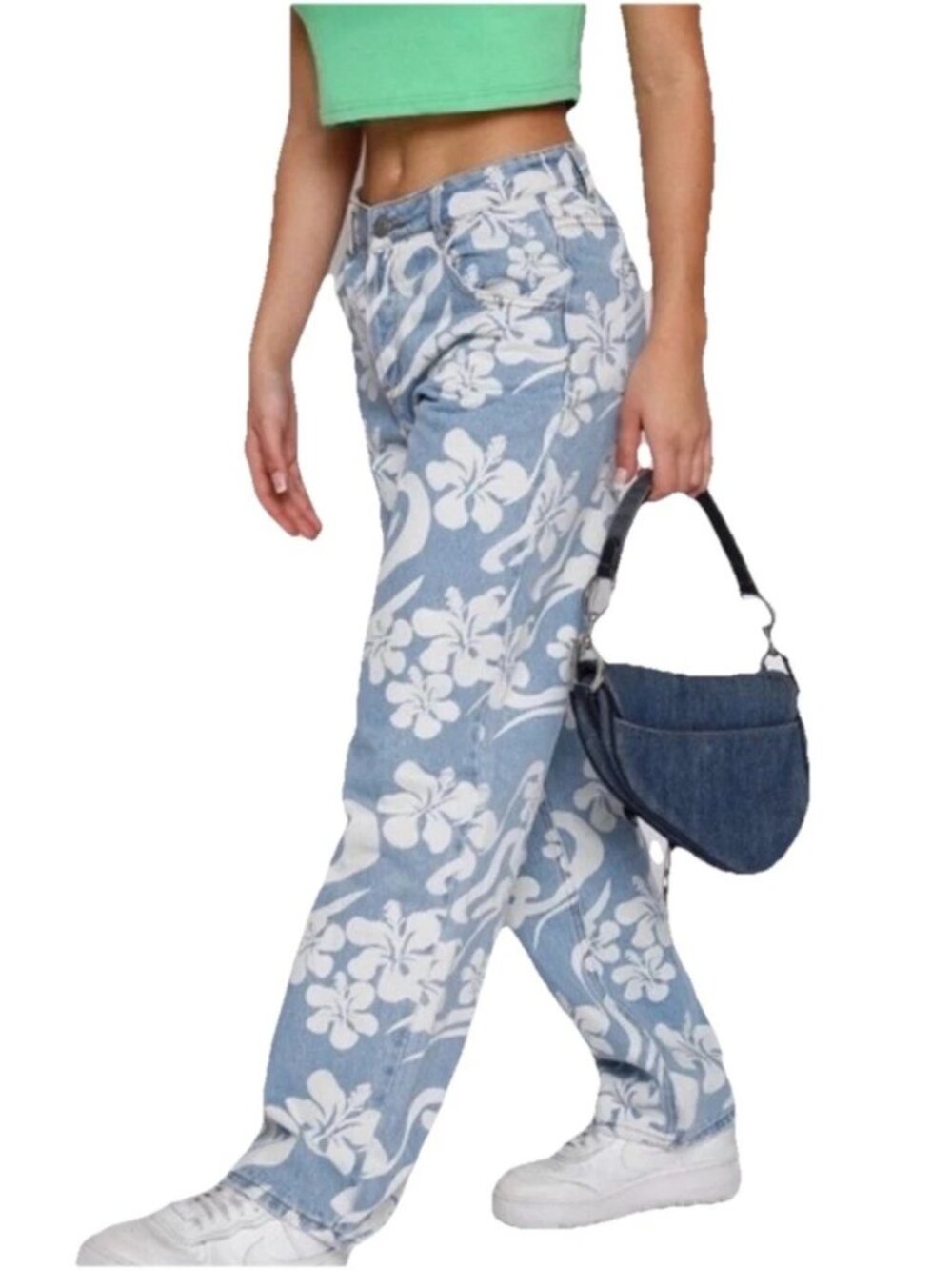 TIGER MIST Blue Hawaiian Hibiscus Relaxed Jeans Sz XS